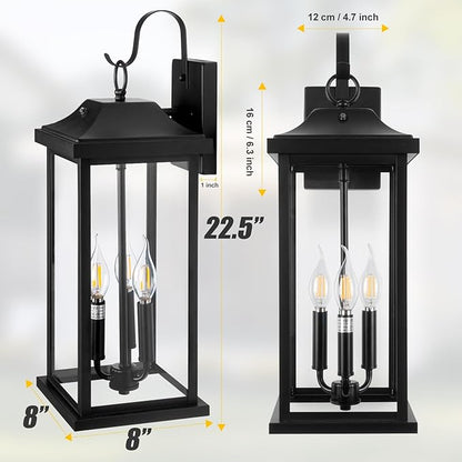 23” Dusk to Dawn Outdoor Lighting Extra Large 1 Pack, 3-Light Candelabra Front Porch Light with Photocell Sensor Outside Wall Sconce Modern Exterior Lighting Fixture Carriage Light, E12