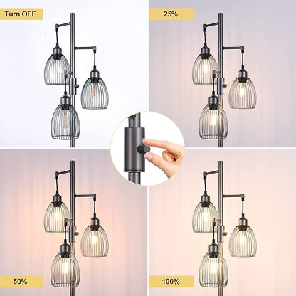 Torondo Dimmable Industrial Floor Lamps for Living Room, Gray Tree Standing Tall Lamps with 3 Elegant Teardrop Cage Head & 800 Lumens LED Bulbs for Bedroom Office