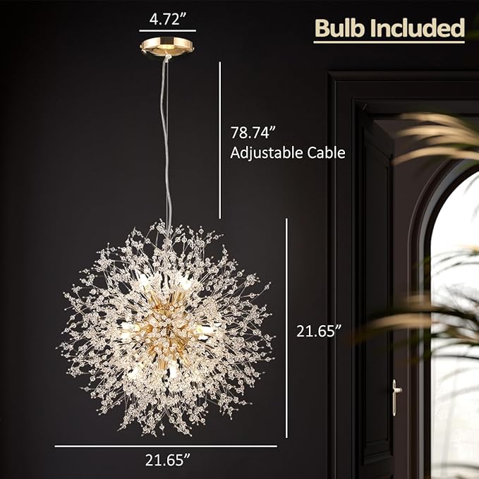 Modern Dandelion Chandelier, 12 Lights Gold Firework Chandelier for Dining Room, Crystal Pendant Light Fixture Sputnik Chandeliers for Entryway, Hallway