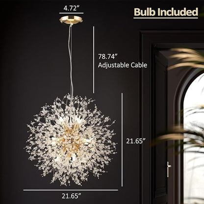 Modern Dandelion Chandelier, 12 Lights Gold Firework Chandelier for Dining Room, Crystal Pendant Light Fixture Sputnik Chandeliers for Entryway, Hallway