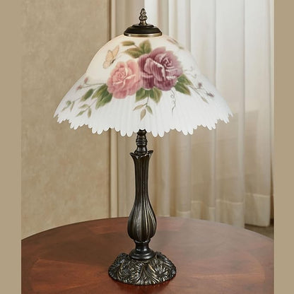 Touch of Class Brinley Floral Table Lamp - Bronze - Old Fashioned Desk Lamp for Bedroom, Living Room, Office - Painted by Hand Ruffled Glass Lampshade - Victorian Style Aesthetic