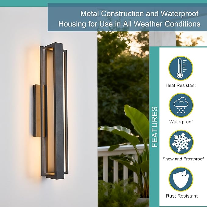 2 Pack 23-inch Modern Large Outdoor Waterproof LED Wall Light, Aluminum Linear Design, Rustproof & Corrosion-resistant, IP65 25W 3000K, Exterior Lights for Entrance, Hallway, Garage, Porch