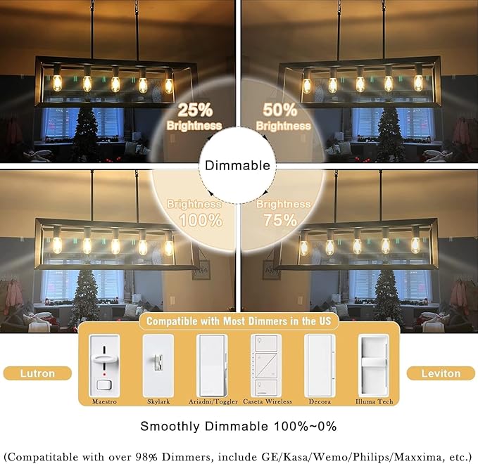 3.2 Inch E26 LED Bulb 60 Watt Equivalent, 2700K Soft White Edison Bulbs Dimmable, AC 120V 600LM T10/T9 Clear Glass Filament Light Bulbs UL for Pendant Wall Light Desk lamp-4 Pack