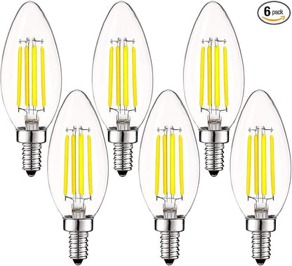 LUXRITE Vintage Candelabra LED Bulb 60W Equivalent, 550 Lumens, 5000K Bright White, LED Chandelier Light Bulbs 5W, Dimmable, Torpedo Tip Clear Glass, Filament Candle Bulbs, E12 Base (6 Pack)