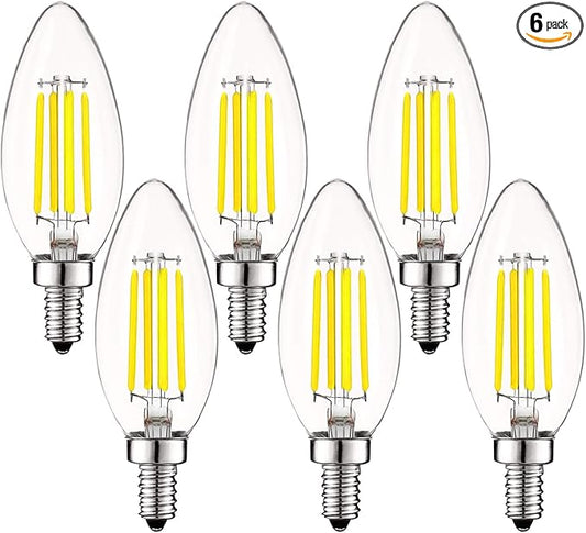 LUXRITE Vintage Candelabra LED Bulb 60W Equivalent, 550 Lumens, 5000K Bright White, LED Chandelier Light Bulbs 5W, Dimmable, Torpedo Tip Clear Glass, Filament Candle Bulbs, E12 Base (6 Pack)