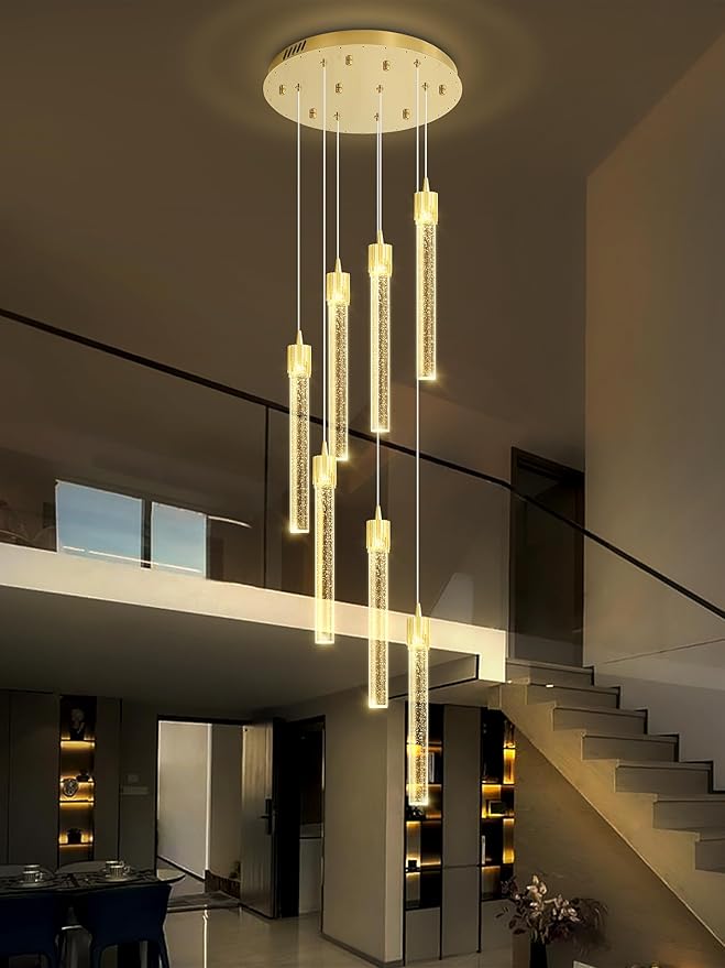 8-Light Led Chandelier, Gold Crystal Modern Led Chandelier for Dining Room, Luxury Enterway Led Dimmable Pendant Lights Fixture with Remote Control Flush Mount