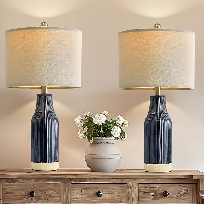 23.75" Modern Blue Ceramic Table Lamp Set of 2 for Living Room, Farmhouse Bedside Nightstand Lamp for Bedroom Home Office Dorm