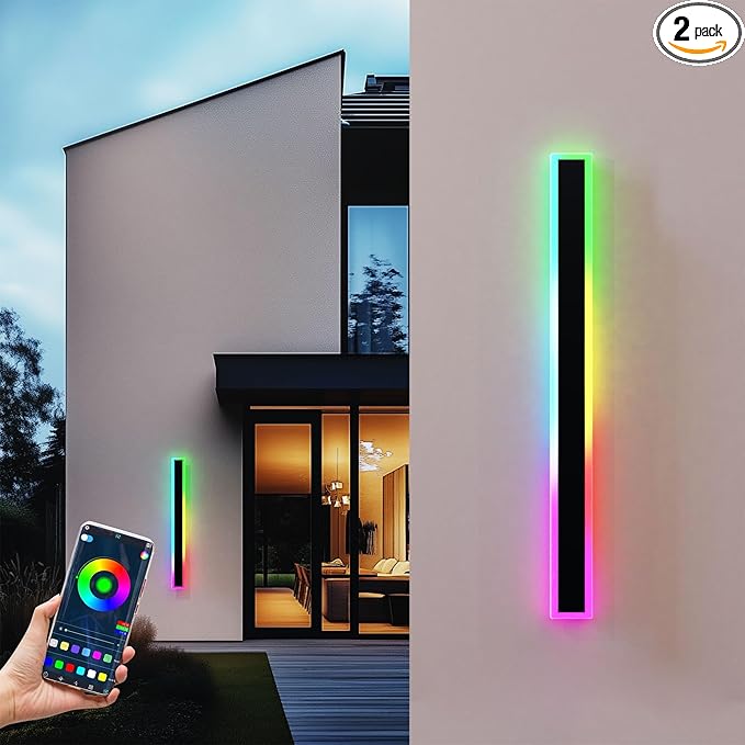 2PCS 47" RGBW LED Long Wall Light Outdoor, Black Led Wall Sconces, IP66 Waterproof Lighting, Exterior Light Fixtures Wall Mount, Suitable for Courtyard/Exterior Wall/Patio