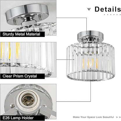 Crystal Chrome Semi Flush Mount Ceiling Light Modern Hallway Light Fixture Metal Close to Lamp for Entryway Bathroom (8.66 inch)