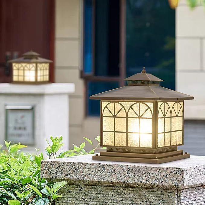 All Copper Steel Glass Outdoor Post Lights, Waterproof Pillar Light, Vintage Patio Lawn Column Lamp,Outdoor Column Lights,Deck Lights, Lantern Fence Lamp Fixture E26 Base (Arch Glass, 12X12IN)