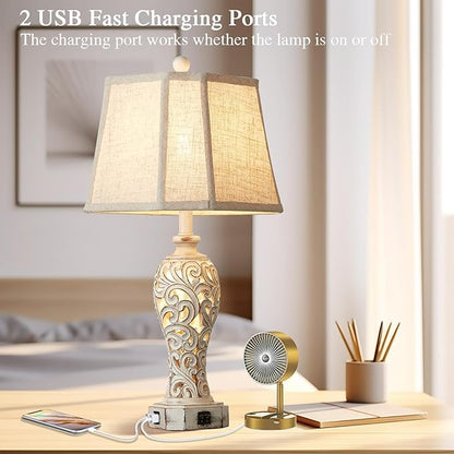 Set of 2 Rustic Table Lamps for Living Room Bedroom, Farmhouse Vintage Nightstand Lamp with 2 USB Ports, Hollow Out Resin Lamp for End Table with Nightlight, Bulbs Included (Wash White)
