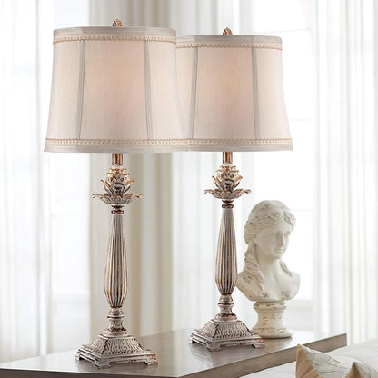 Regency Hill Shabby Chic French Country Table Lamps 28" Tall Set of 2 Antique White Washed Petite Artichoke Font Beige Fabric Bell Shade for Living Room Bedroom House Bedside Nightstand Home