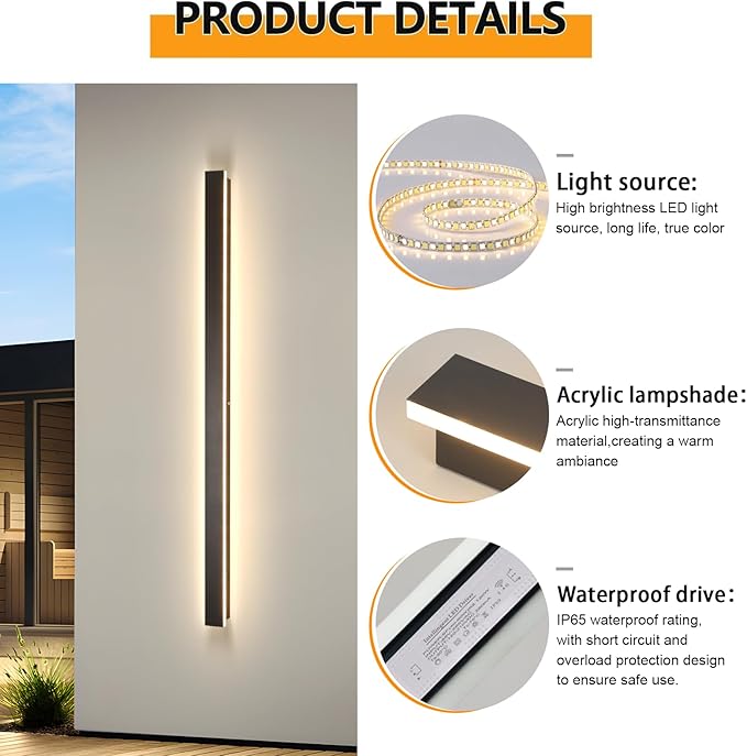 2pack Modern LED Outdoor Wall Lights,39inch Dimmable LED Long Strip Outside Wall Lighting Fixture IP65 Waterproof,Black Outdoor Porch Lights Wall Mount,Exterior Sconce Lights for House,Garage