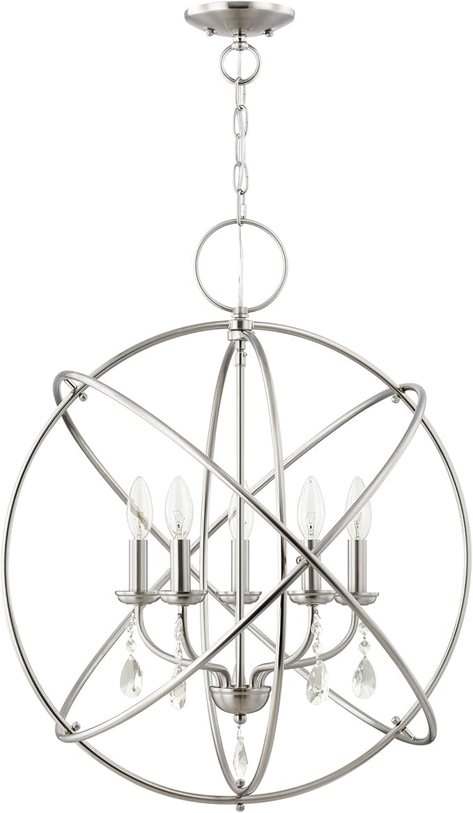 Livex Lighting 40905-91 Aria Collection Chandelier with 5 Arms and Dangling Crystals, Brushed Nickel
