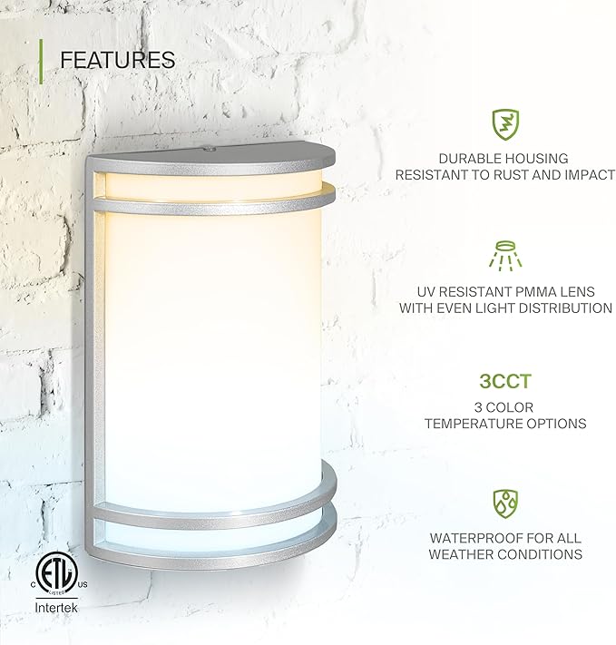 ASD 10 Inch LED Outdoor & Indoor Wall Mount Light Fixture - Brushed Nickel Modern Wall Sconce Lighting - 15W 120-277V 3000K 4000K 5000K Adjustable Dimmable Front Door & Patio Exterior Lights - ETL