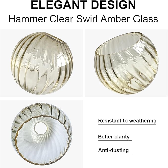 3 Pack Round Ripple Glass Globes for Light Fixtures Replacement, Clear Amber Glass Shade for Farmhouse Pendant Light Chandelier Wall Sconce, 1-5/8 Inch Fitter