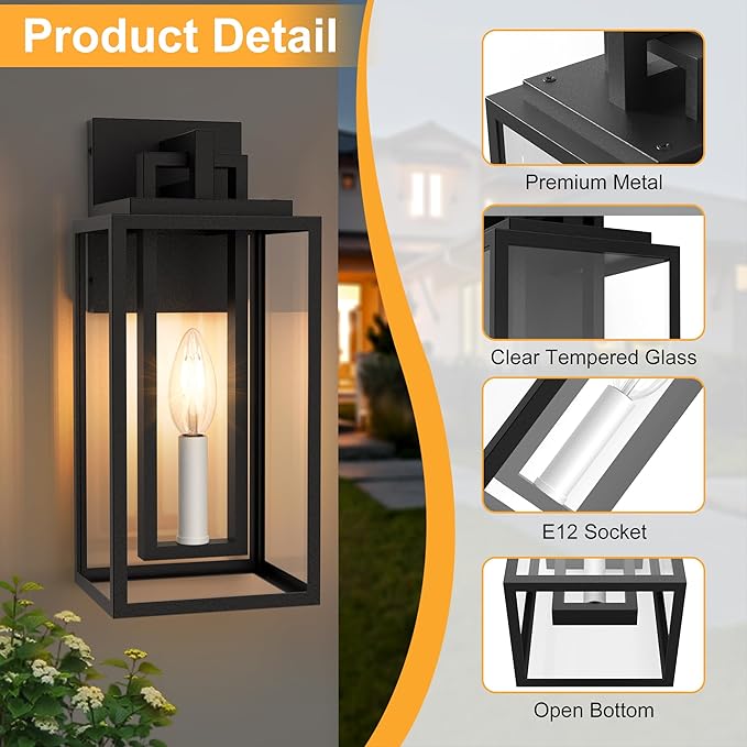 Modern Outdoor Wall Lights, 14In Exterior Lighting Fixtures with White E12 Base, Wall Mount Lantern Waterproof Outside Sconce for House Porch Patio Yard Front Door
