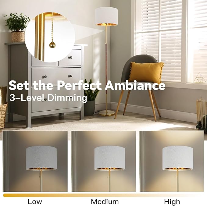 Wood Floor Lamp for Living Room Gold Traditional Farmhouse Floor Lamps Mid-Century Pole Lamp with Linen Lamp Shade, Standing Tall Floor Lamps for Bedrooms and Office (Gold)