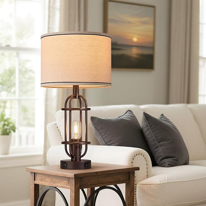 Living Room Lamps Set of 2, 22.3" Farmhouse Table Lamp for Bedroom, Vintage Lamps for Night Stands with USB Ports, Oil Rubbed Bronze