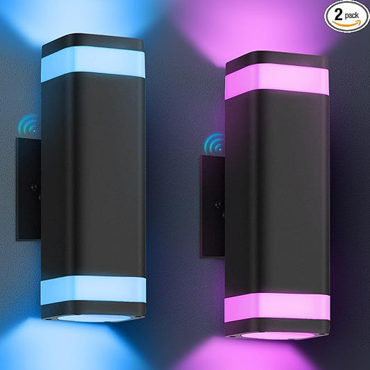 Smart Outdoor RGB Wall Lights 2 Pack, Wi-Fi & App Control Color Changing Up and Down Wall Sconce with Remote, Dusk to Dawn Waterproof Exterior Lighting Fixtures Works with Alexa, Google Assistant