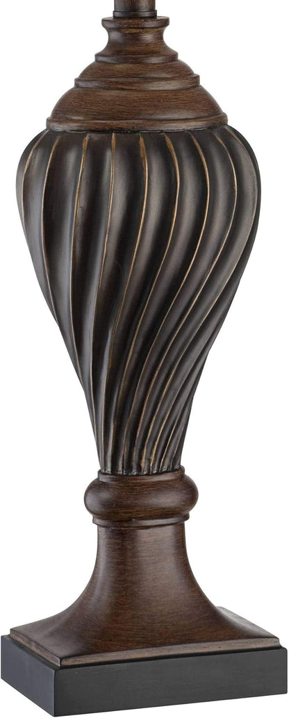 Regency Hill Traditional Style Table Lamp 28.5" Tall Carved Two Tone Brown Urn Shaped Ball Beige Fabric Rectangular Shade for Living Room Bedroom House Bedside Nightstand Home Office