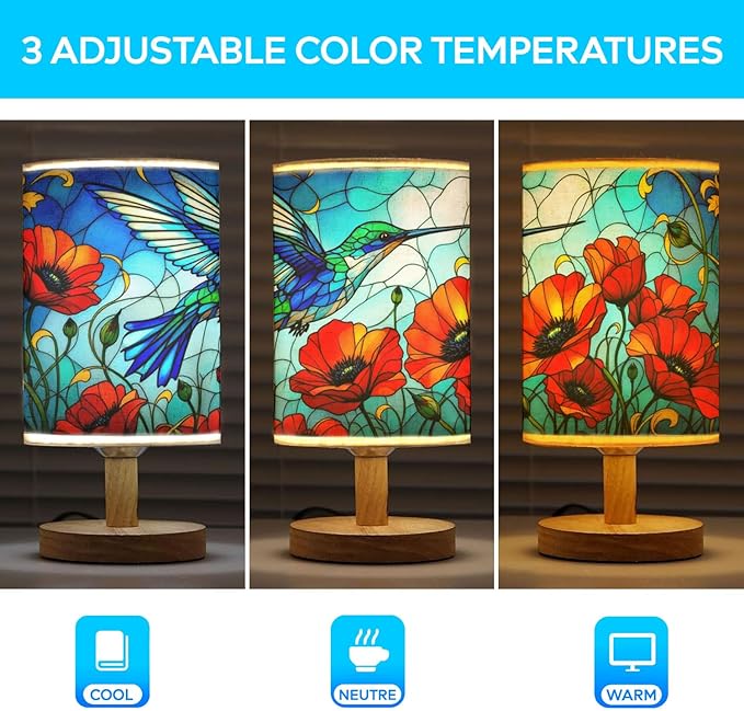 Poppy Humminhbird Table Lamp LED 3-Color Pressed Bedside, Poppy Humminhbird Shade Lamp with Wood Base for Bedroom Living Room Desk Office
