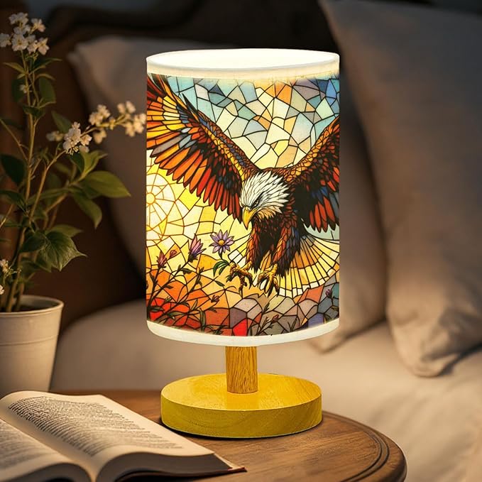 Eagle with Flower Table Lamp LED 3-Color Pressed Bedside, Eagle with Flower Shade Lamp with Wood Base for Bedroom Living Room Desk Office TL01