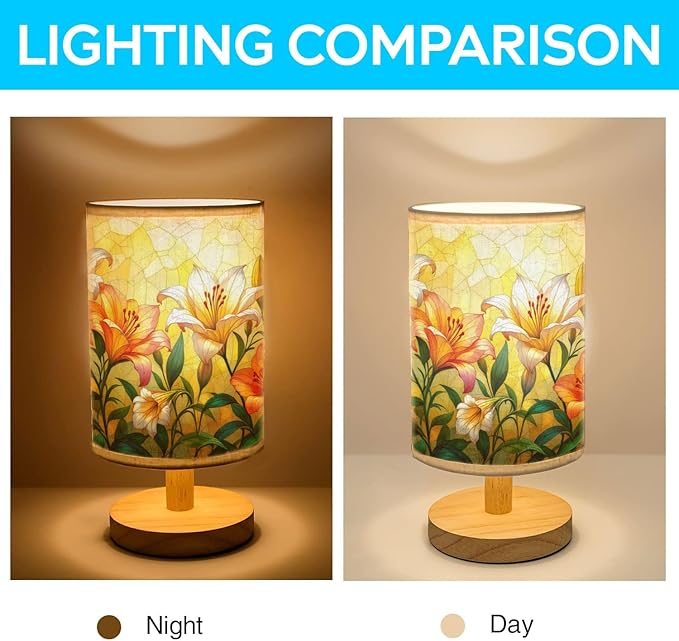 Lily Table Lamp LED 3-Color Pressed Bedside, Lily Shade Lamp with Wood Base for Bedroom Living Room Desk Office