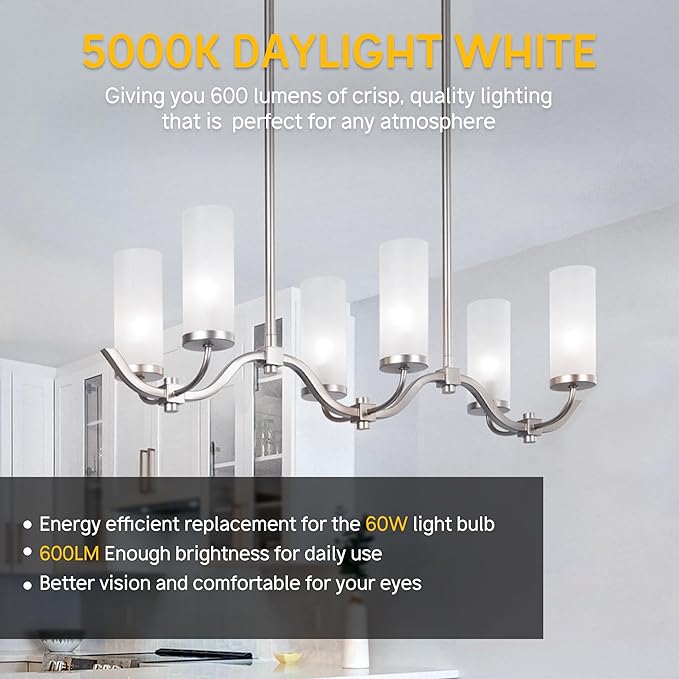 E12 Ceiling Fan Light Bulbs Dimmable, 60W Equivalent LED Bulb, Daylight White 5000K, E12 Small Base Candelabra A15 LED Round Light Bulb, 600 Lumen, Pack of 12
