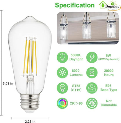 Depuley LED Light Bulbs E26: Edison LED Filament Bulbs 6W Equivalent 60W - Vintage Chandelier Lights Bulb 5000K Daylight White - ST58 Clear Glass Bulb 360°Omnidirectional Lighting 800LM 90+CRI 6-Pack