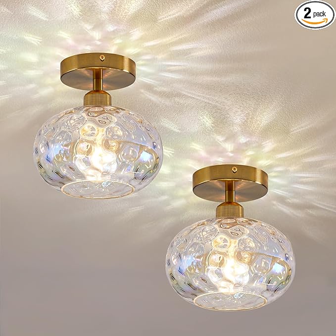 Vintage Glass Flush Mount Ceiling Light - 2 Pack，7.9 Inch Rainbow Hammered Glass Hallway Light fixtures Ceiling, Gold Semi Flush Mount Ceiling Light for entryway Foyer Laundry Room Kitchen