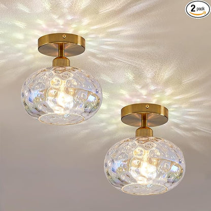 Vintage Glass Flush Mount Ceiling Light - 2 Pack，7.9 Inch Rainbow Hammered Glass Hallway Light fixtures Ceiling, Gold Semi Flush Mount Ceiling Light for entryway Foyer Laundry Room Kitchen