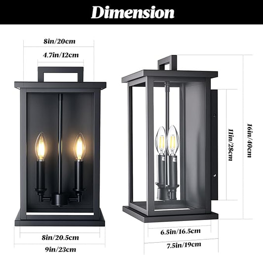 Large Outdoor Lights For House,Modern Exterior Lighting Fixtures,Black Outdoor Wall Lantern Sconce,2-Light Front Porch Garage Hallway Wall Mount Light With Thick Glass Shades Waterproof 2 Pack