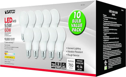 Satco S11410 9.5-Watt A19 LED Light Bulbs, 60-Watt Replacement, 3000K Warm White, 760 Lumens, 10 Pack