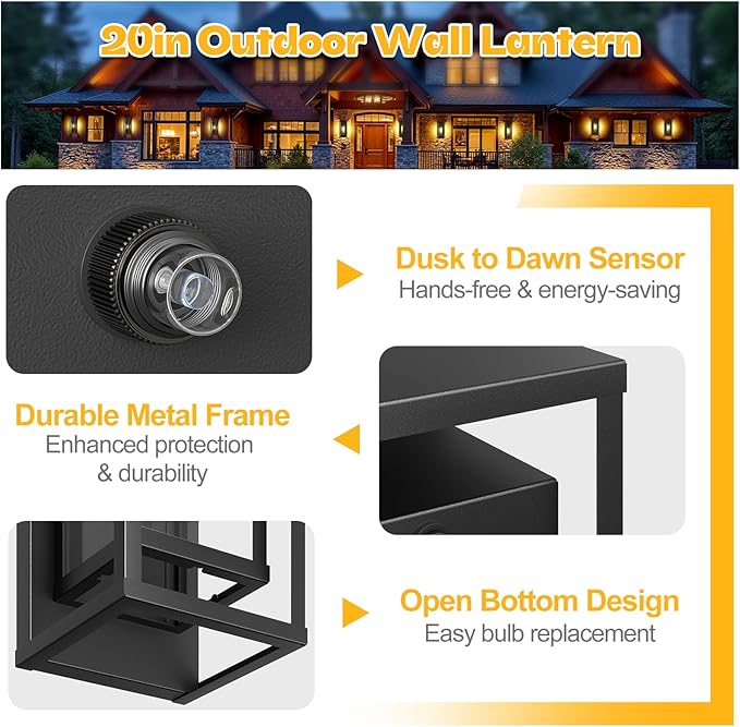 Extra Large Dusk to Dawn Outdoor Lighting-20in Modern Waterproof Sconce Wall Mounted E26 Black Porch Lights Exterior Lighting Fixture for Coach Doorway Patio