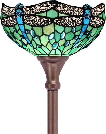 Tiffany Floor Lamp Torchiere Stained Glass Torch Lamp 12X12X67 Inch Antique Standing Corner Light (Green Dragonfly)