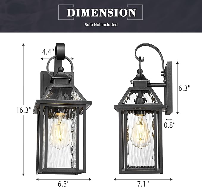 zeyu Exterior Wall Porch Light, 16.3 Inch Outdoor Wall Light Fixture for House in Black Finish, Die-Cast Aluminum with Water Ripple Glass, ZW114B BK-SW