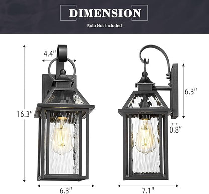 zeyu Exterior Wall Porch Light, 16.3 Inch Outdoor Wall Light Fixture for House in Black Finish, Die-Cast Aluminum with Water Ripple Glass, ZW114B BK-SW