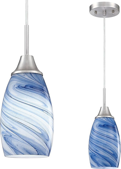 Mini Glass Pendant Light 1-Pack Dark Blue Marble Art Glass Pendant Lights Kitchen Island Brushed Nickel Finish Hanging Light for Kitchen Over Sink,Dining Room,Foyer,Hallway