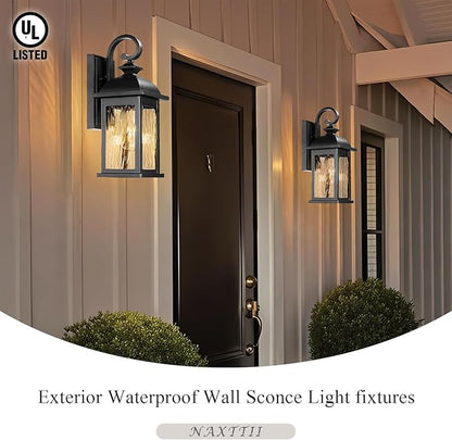 Outdoor Wall Lantern Waterproof Porch Sconces Wall Mounted Lighting Matte Black Exterior Wall Lights with Water Ripple Glass for House Garage Doorway 21 Inch Height E26 Socket