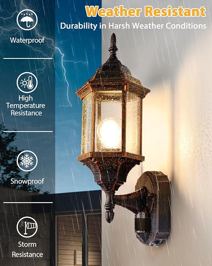 Redluck Motion Sensor Outdoor Lights, 2 Pack 16 inch Dusk to Dawn Outside Porch Lights, Waterproof Anti-Rust Aluminum Outdoor Wall Lights for House, Garage, Front Door, Antique Black and Bronze Gold