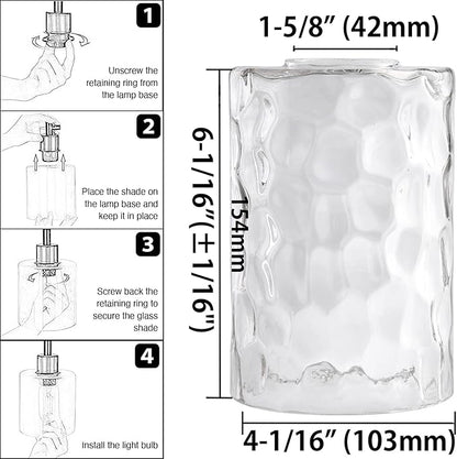 Glass Lamp Shade Replacement Globe & Cover for Light Fixture, 6-1/16" Height 4-1/16" Diameter, 1-5/8 inch Fitter, 5 Pack Clear Hammered Water Ripple Cylinder Glass Shade