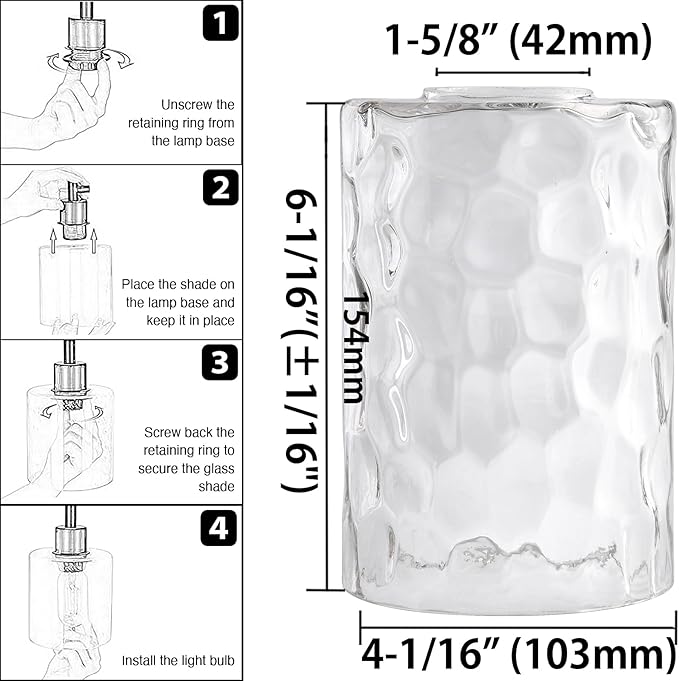 Glass Lamp Shade Replacement Globe & Cover for Light Fixture, 6-1/16" Height 4-1/16" Diameter, 1-5/8 inch Fitter, 2 Pack Clear Hammered Water Ripple Cylinder Glass Shade