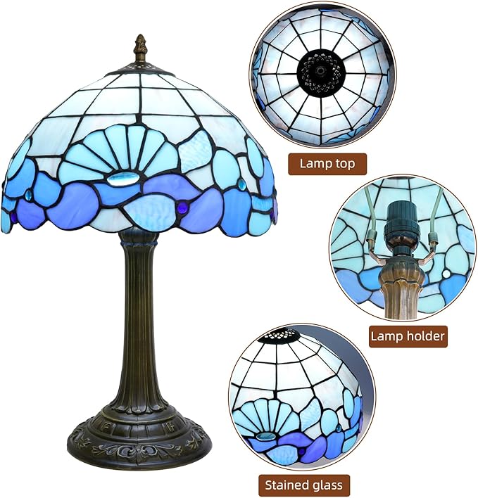 Blue Sea Style Stained Glass Table Lamps Shell Tiffany Lamp Bedroom Bedside Living Room Aesthetic Vintage Accent Farmhouse Night Light for End Table Office Nightstand End Table Desk Reding 12X19 Inch