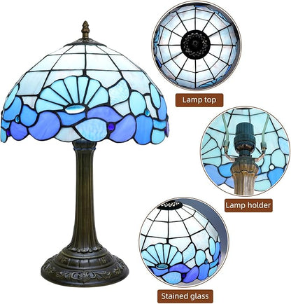 Blue Sea Style Stained Glass Table Lamps Shell Tiffany Lamp Bedroom Bedside Living Room Aesthetic Vintage Accent Farmhouse Night Light for End Table Office Nightstand End Table Desk Reding 12X19 Inch