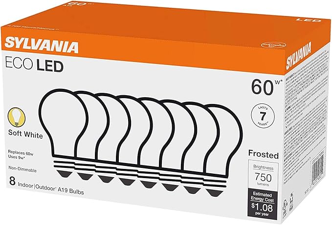 LEDVANCE Sylvania ECO LED Light Bulb, A19 60W Equivalent, Efficient 9W, 7 Year, 750 Lumens, 2700K, Non-Dimmable, Frosted, Soft White - 8 Pack (40821)