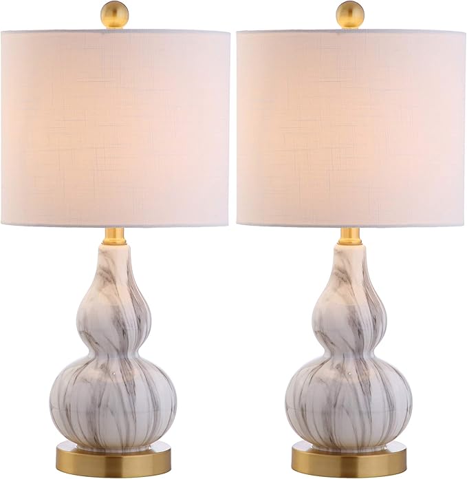 JONATHAN Y JYL1028D-SET2 20.5" Black and White Marbleized Glass Gourd Table Lamp Set of 2, Modern Glam Bedside Nightstand Lamps for Bedroom, Living Room, Office, End Table with White Linen Drum Shade