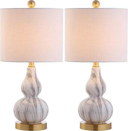 JONATHAN Y JYL1028D-SET2 20.5" Black and White Marbleized Glass Gourd Table Lamp Set of 2, Modern Glam Bedside Nightstand Lamps for Bedroom, Living Room, Office, End Table with White Linen Drum Shade