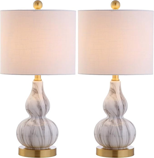 JONATHAN Y JYL1028D-SET2 20.5" Black and White Marbleized Glass Gourd Table Lamp Set of 2, Modern Glam Bedside Nightstand Lamps for Bedroom, Living Room, Office, End Table with White Linen Drum Shade