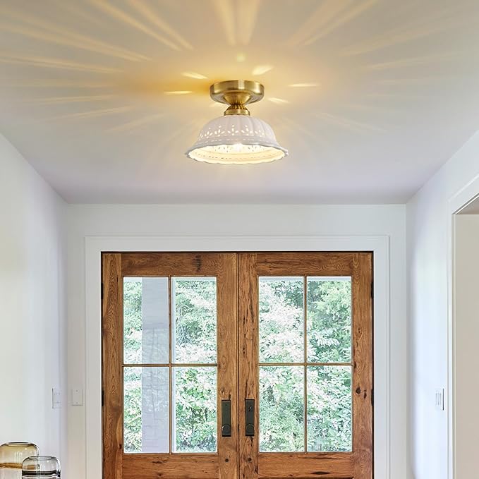 Vintage Ceramic Semi Flush Mount Ceiling Light - 2 Pack, Gold Hallway Light Fixture, Mid Century Small Close to Ceiling Lamp，Unique Flush Lighting Fixtures for Entryway Laundry Room Kitchen Cottage